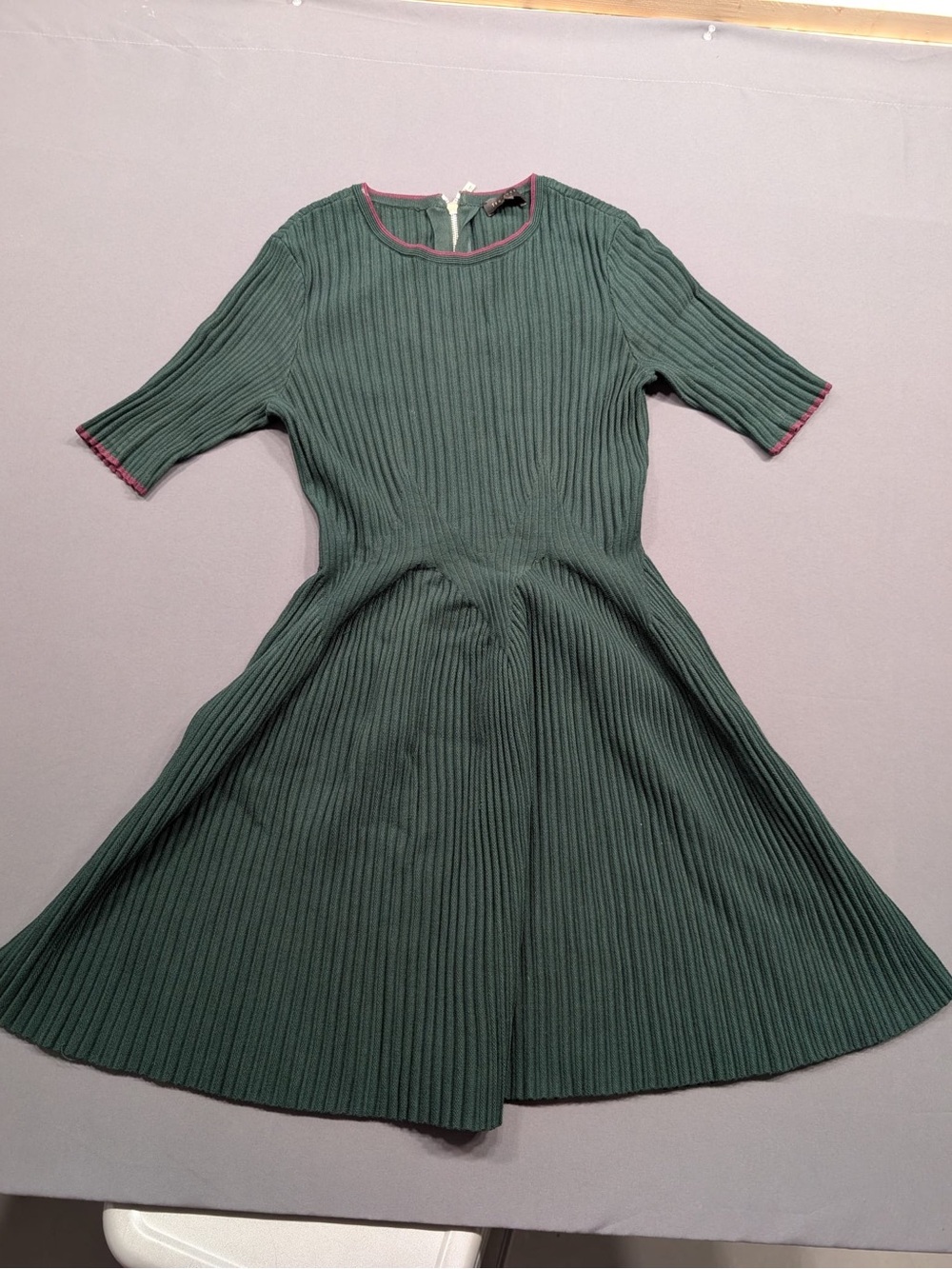 Ted Baker Dark Green Ribbed Knit Dress with Pink Trim